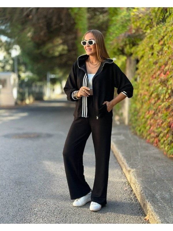 Kadın Uzun Kollu Kapşonlu Onu şerit Detaylı Fermuarlı Viskon Iki Iplik Bluz Ve Pantolon Ikili Takım, 28795