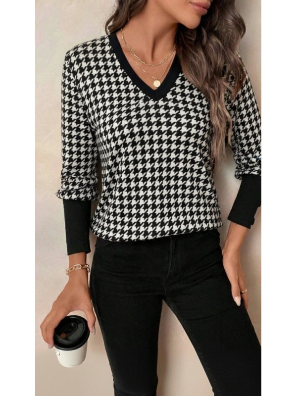 Kadın Uzun Kollu V Yakalı Desenli Süprem Bluz , 29372