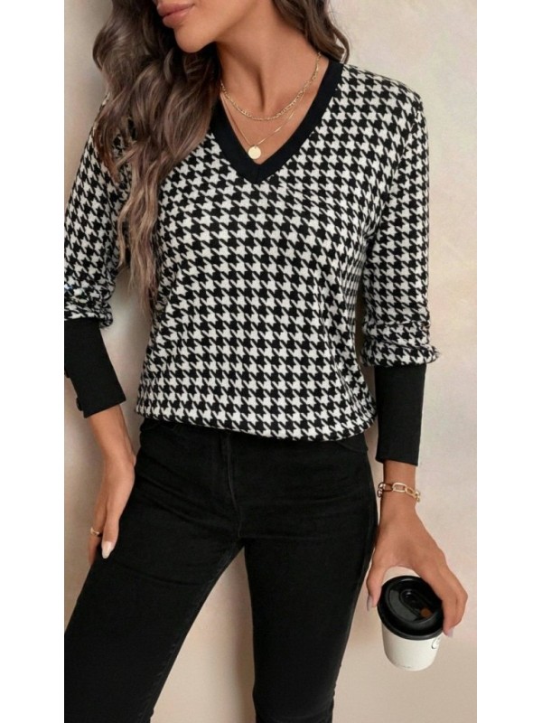 Kadın Uzun Kollu V Yakalı Desenli Süprem Bluz , 29372