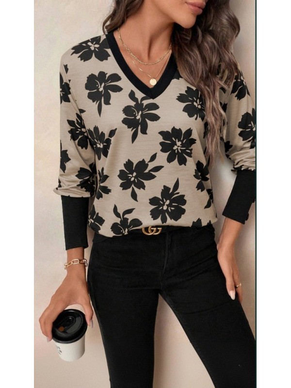 Kadın Uzun Kollu V Yakalı Desenli Süprem Bluz , 29332