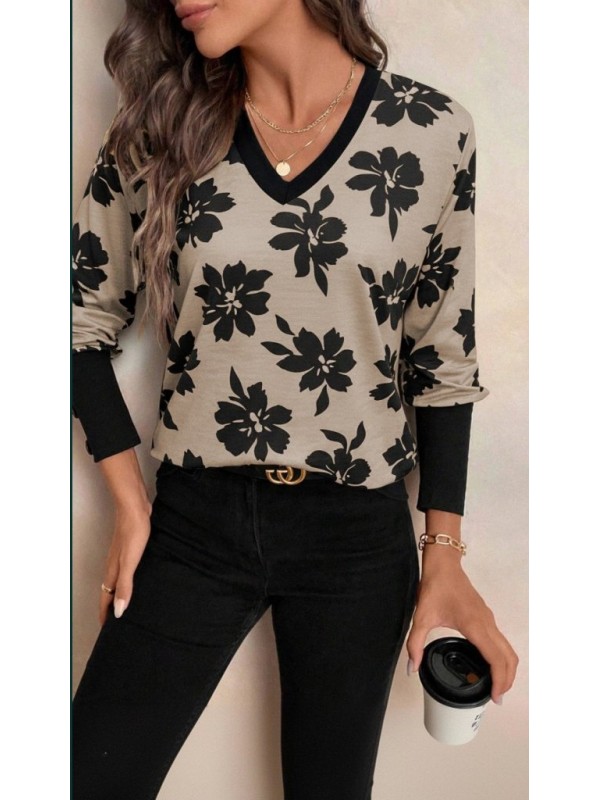 Kadın Uzun Kollu V Yakalı Desenli Süprem Bluz , 29332