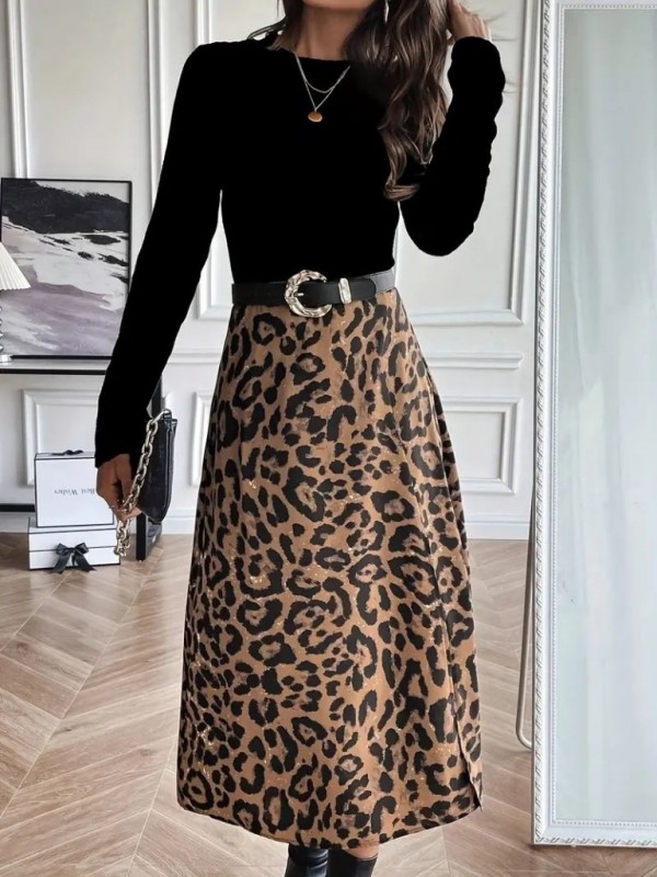 Kadın Uzun Kollu Bisiklet Yaka Ithal Krep Bluz Alt Desenli Modal Midi Elbise, 29300