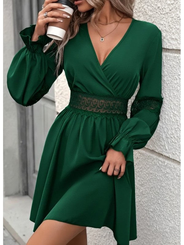 Kadın Uzun Kollu Kruvaze Yakalı Dantelli Fermuar Detaylı Mini Ithal Krep Elbise, 29349