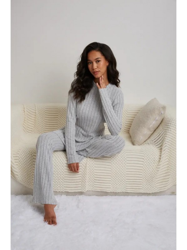 Kadın Uzun Kollu Yuvarlak Yaka Yandan Yırtmaç Detaylı şardonlu Kaşkorse Bluz Ve Pantolon Ikili Takım , 28518