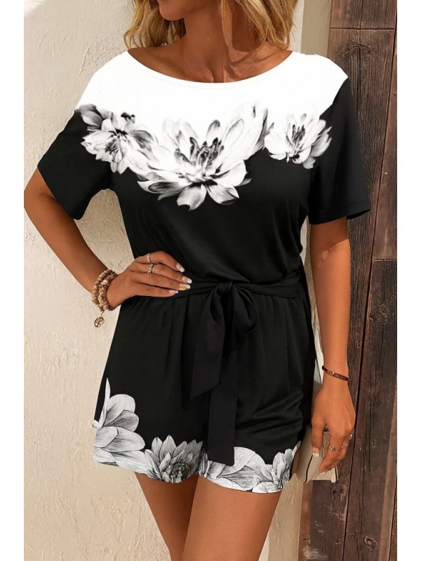 Kadın Tek Omuzu Açık çiçek Desenli Beli Kuşaklı Iki Iplik Mini Short Tulum, 27502