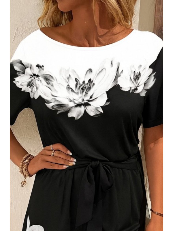 Kadın Tek Omuzu Açık çiçek Desenli Beli Kuşaklı Iki Iplik Mini Short Tulum, 27502