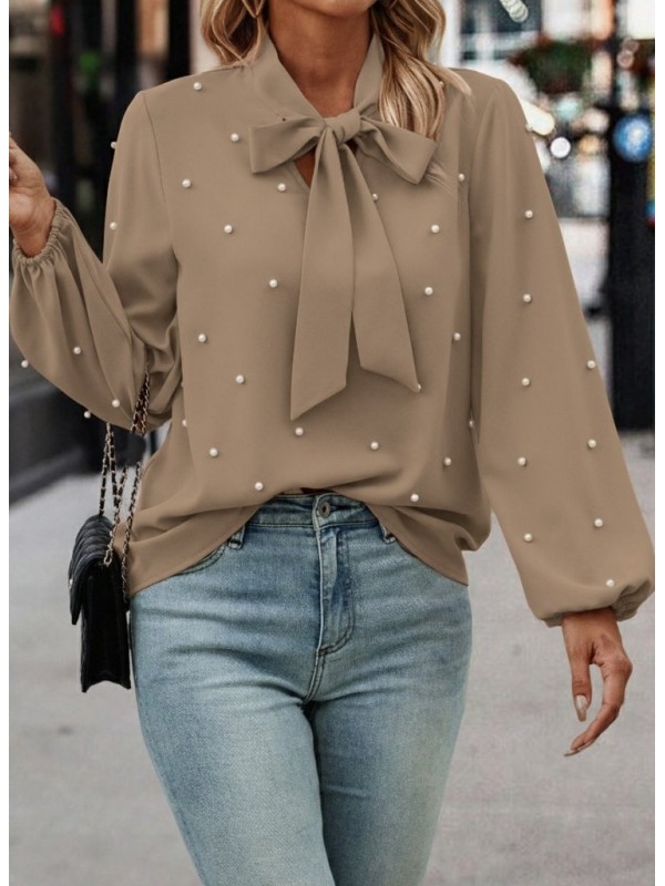 Kadın Uzun Kollu Yakadan Fiyonklu Incili Ithal Krep Bluz, 29391