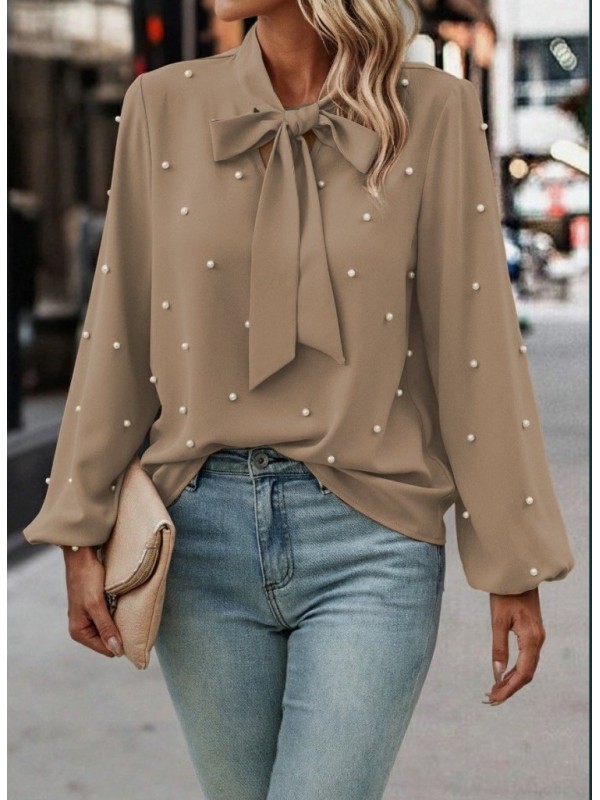 Kadın Uzun Kollu Yakadan Fiyonklu Incili Ithal Krep Bluz, 29391