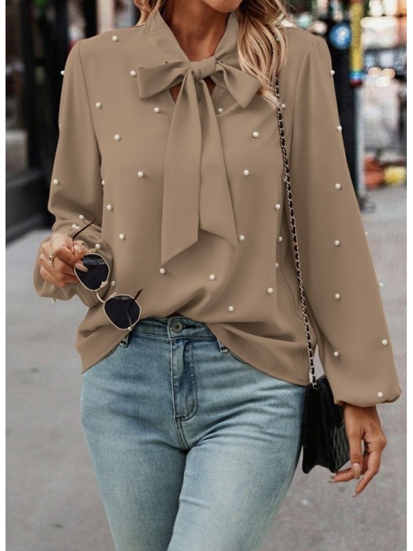 Kadın Uzun Kollu Yakadan Fiyonklu Incili Ithal Krep Bluz, 29391