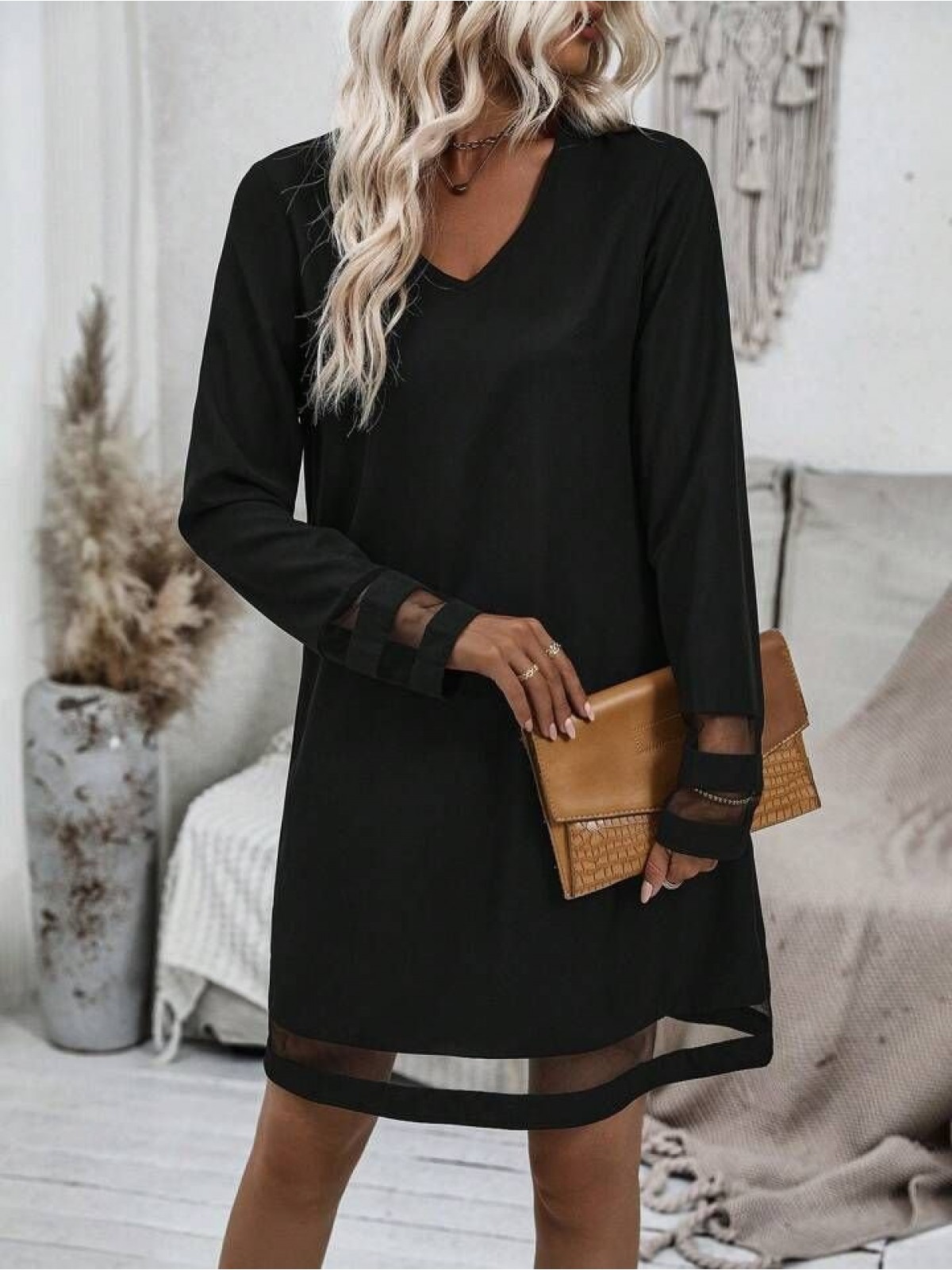 Kadın Uzun Kollu V Yakalı Tül şerit Detaylı Mini Krep Elbise, 28653