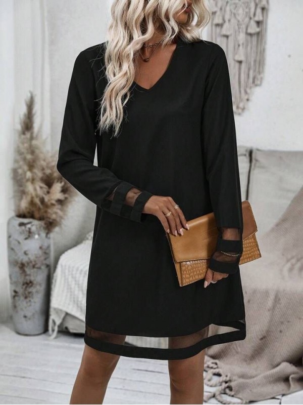 Kadın Uzun Kollu V Yakalı Tül şerit Detaylı Mini Krep Elbise, 28653