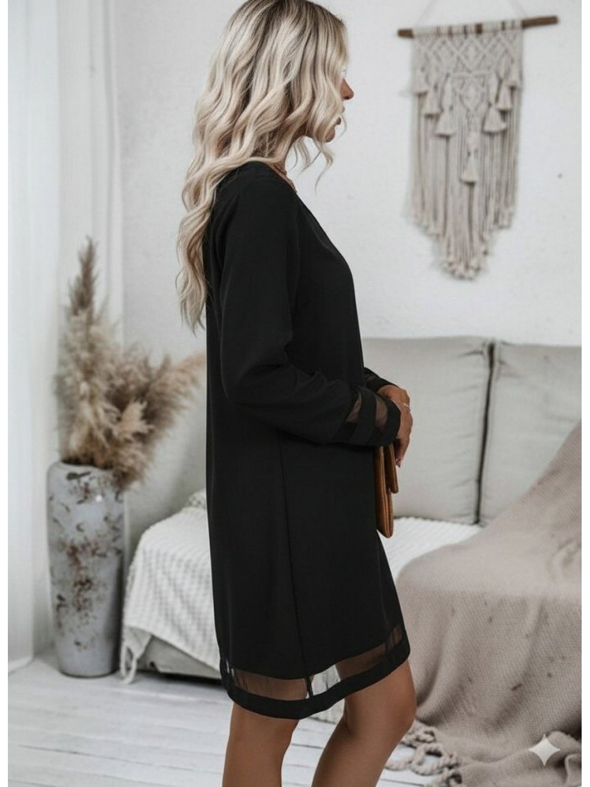 Kadın Uzun Kollu V Yakalı Tül şerit Detaylı Mini Krep Elbise, 28653