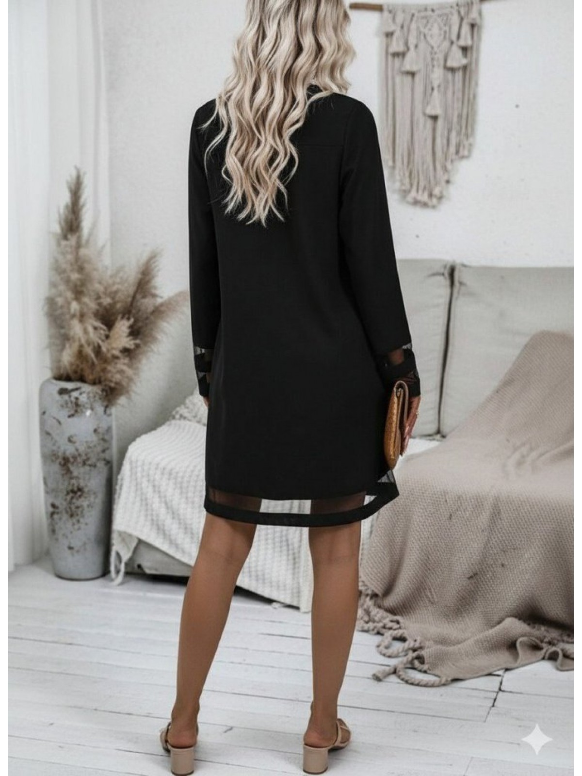 Kadın Uzun Kollu V Yakalı Tül şerit Detaylı Mini Krep Elbise, 28653