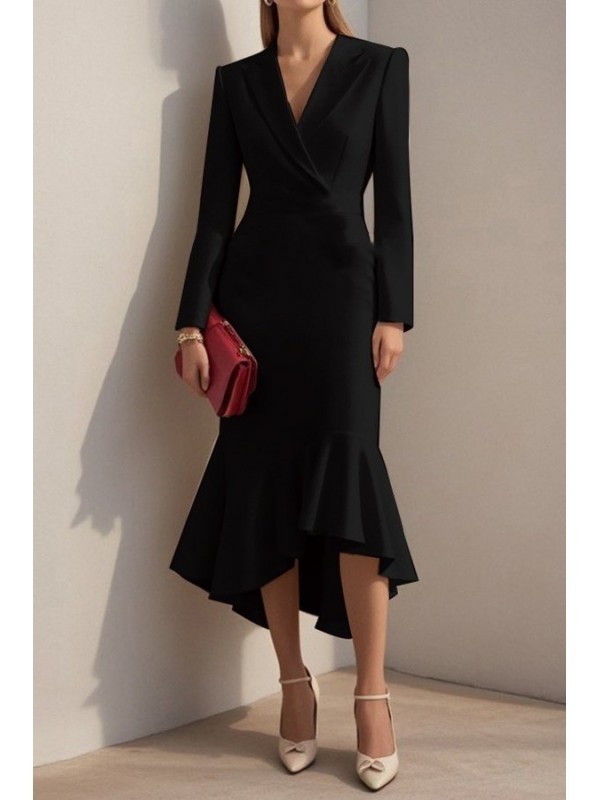 Kadın Uzun Kollu Yakalı Belden Oturtmalı Midi Ithal Krep Elbise, 28658