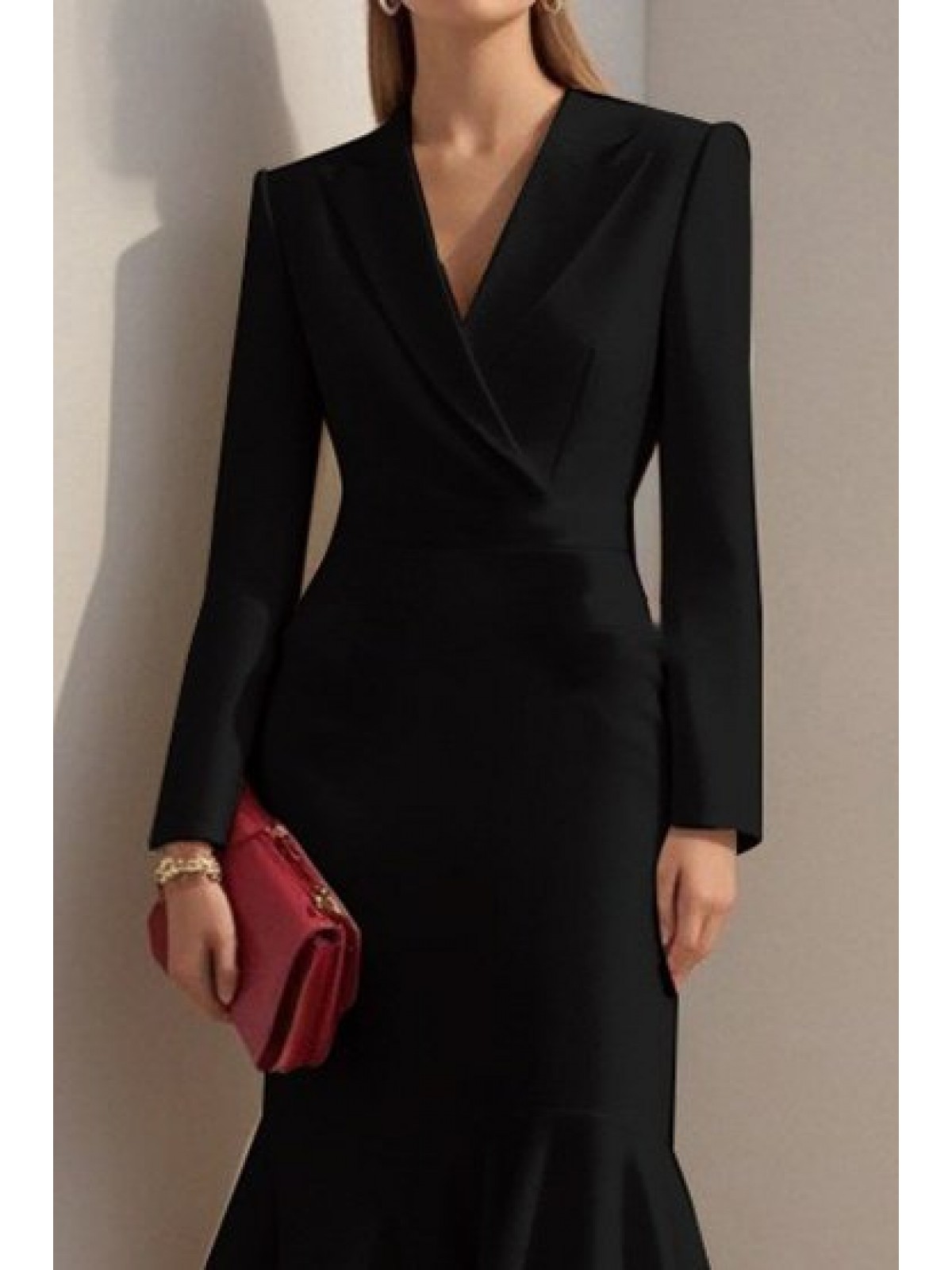 Kadın Uzun Kollu Yakalı Belden Oturtmalı Midi Ithal Krep Elbise, 28658