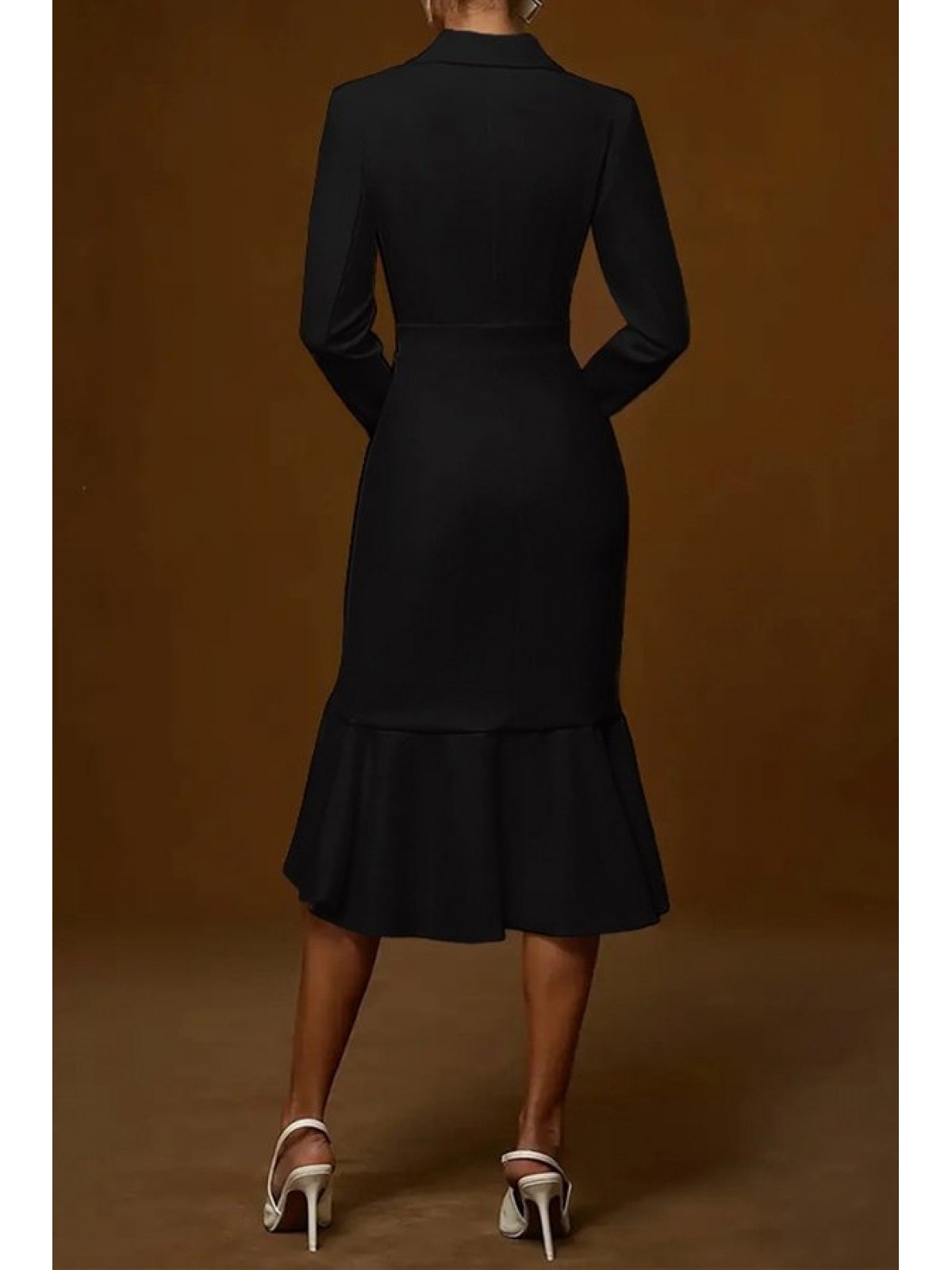 Kadın Uzun Kollu Yakalı Belden Oturtmalı Midi Ithal Krep Elbise, 28658