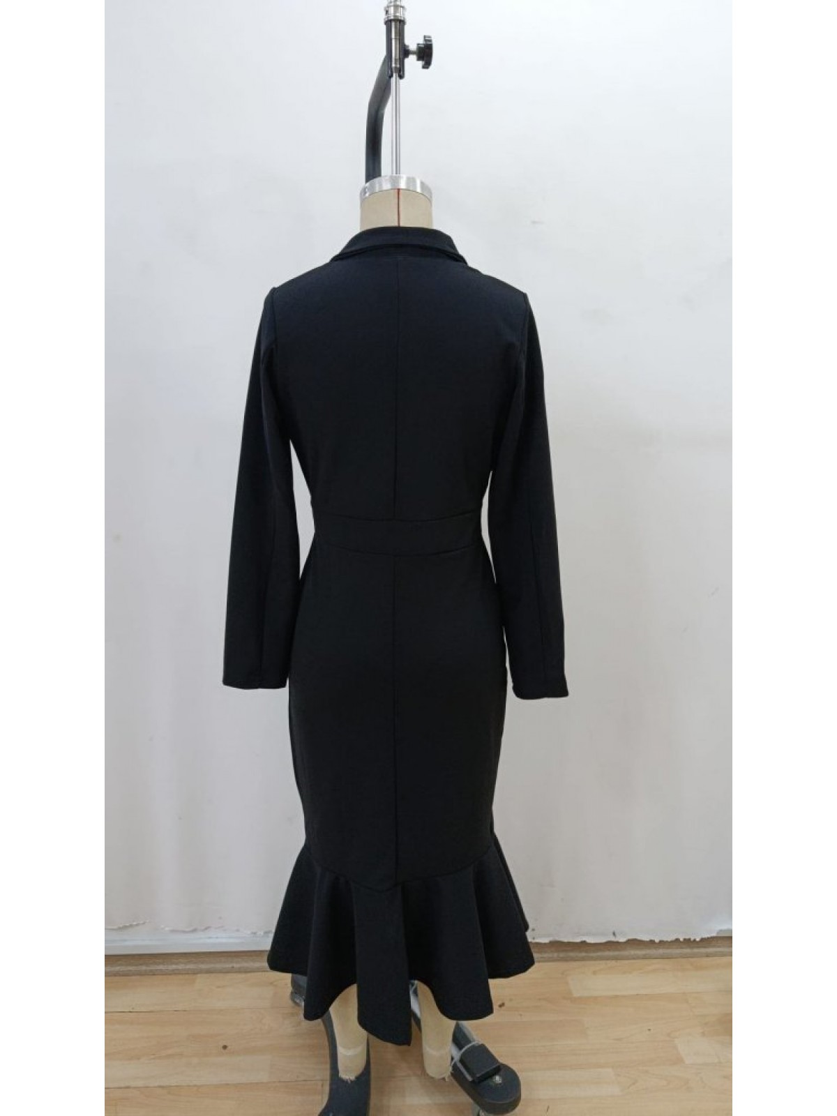 Kadın Uzun Kollu Yakalı Belden Oturtmalı Midi Ithal Krep Elbise, 28658