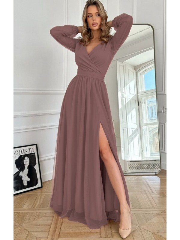 Kadın Uzun Kollu Kruvaze Yakalı Belden Kuşaklı Tüllü Uzun Ithal Krep Elbise, 29378