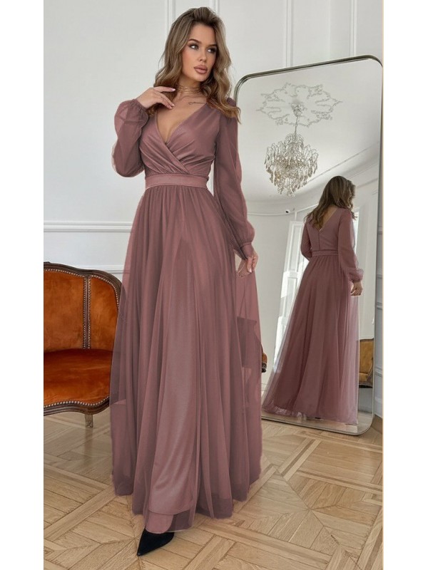 Kadın Uzun Kollu Kruvaze Yakalı Belden Kuşaklı Tüllü Uzun Ithal Krep Elbise, 29378