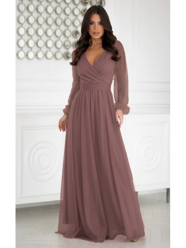 Kadın Uzun Kollu Kruvaze Yakalı Belden Kuşaklı Tüllü Uzun Ithal Krep Elbise, 29378