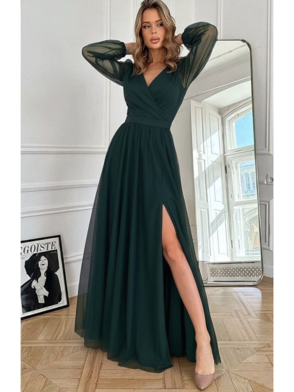 Kadın Uzun Kollu Kruvaze Yakalı Belden Kuşaklı Tüllü Uzun Ithal Krep Elbise, 29379