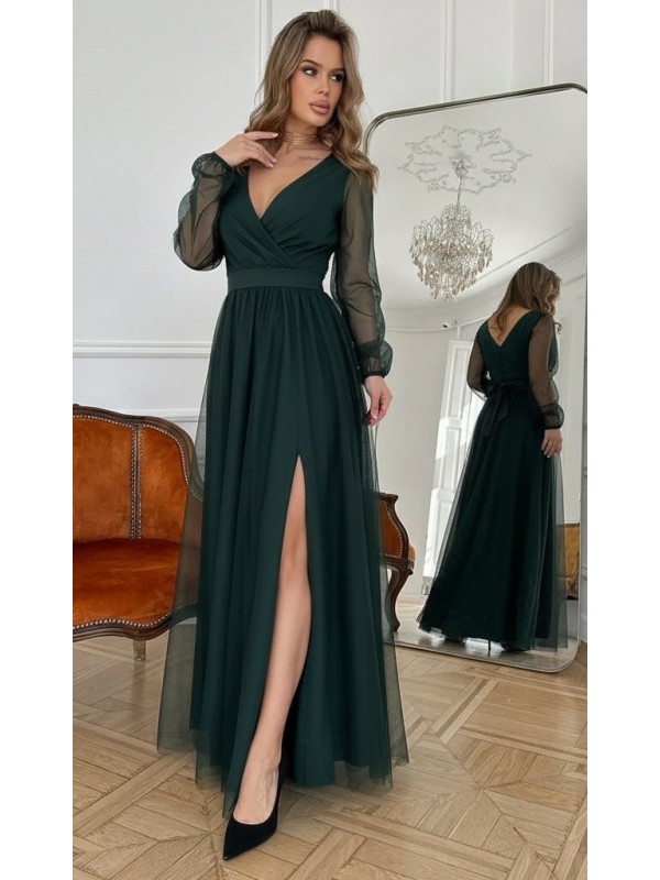 Kadın Uzun Kollu Kruvaze Yakalı Belden Kuşaklı Tüllü Uzun Ithal Krep Elbise, 29379