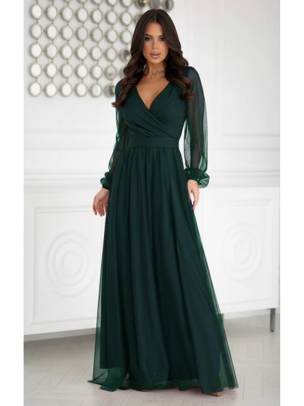 Kadın Uzun Kollu Kruvaze Yakalı Belden Kuşaklı Tüllü Uzun Ithal Krep Elbise, 29379