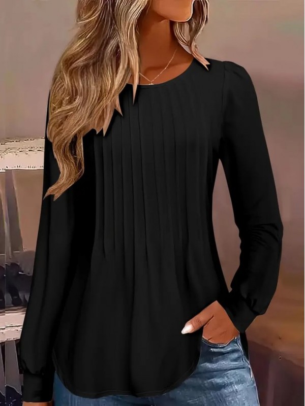 Kadın Uzun Kollu Yuvarlak Yaka Nervürlü Bluz , 29219