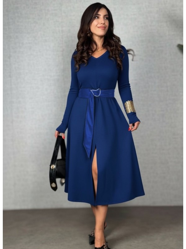 Kadın Uzun Kollu Yakalı Belden Deri Detaylı Kuşaklı Yırtmaçlı Midi Viskon Iki Iplik Elbise, 29360