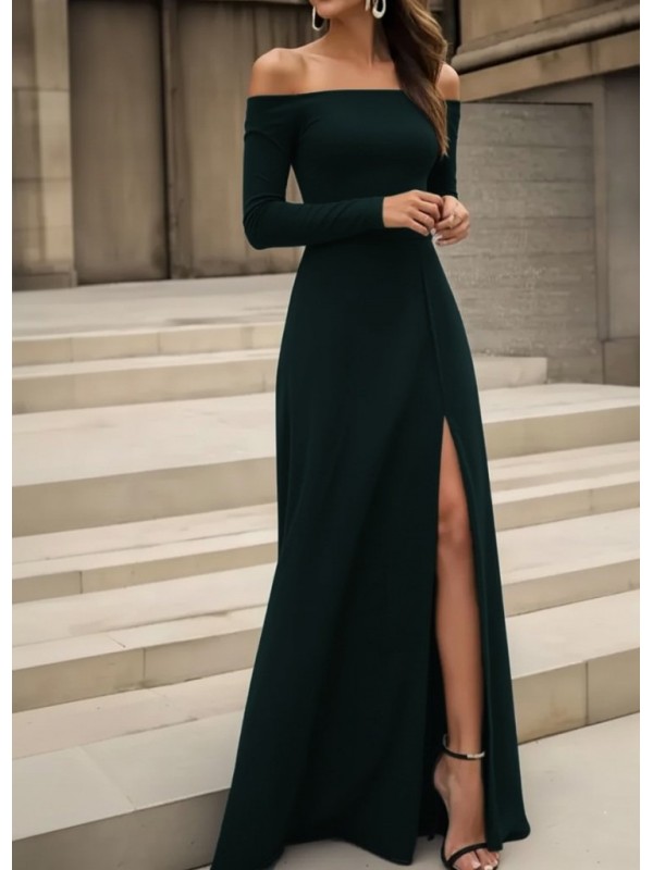 Kadın Uzun Kollu Madonna Yakalı Yırtmaç Detaylı Uzun Ithal Krep Elbise, 29326