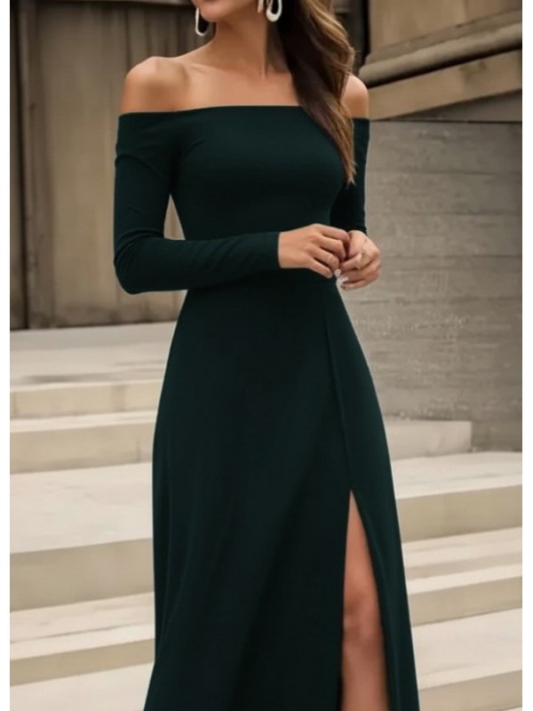 Kadın Uzun Kollu Madonna Yakalı Yırtmaç Detaylı Uzun Ithal Krep Elbise, 29326