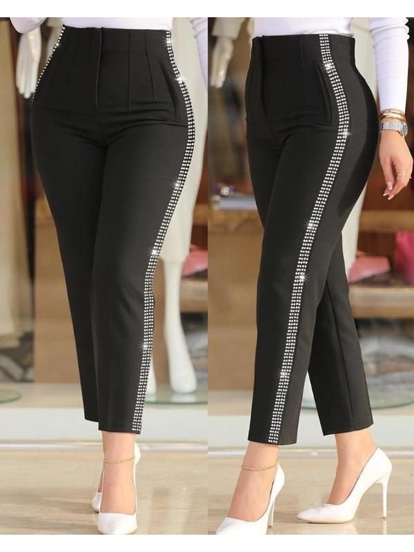 Kadın Yüksek Bel Yanlardan Taş Detaylı Ithal Krep Pantolon , 29357