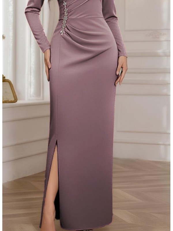 Kadın Uzun Kollu Kruvaze Yakalı Yanları Taşlı Yırtmaçlı Uzun Ithal Krep Elbise, 29291