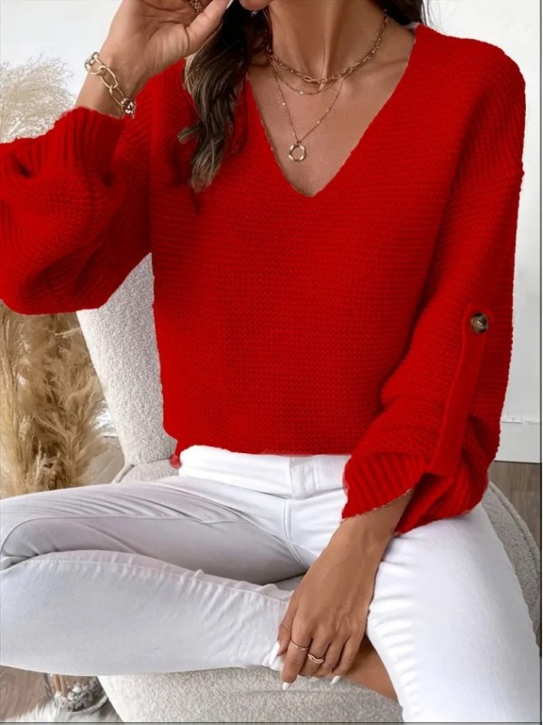 Kadın Uzun Kollu V Yakalı Düğmeli Triko Bluz , 29142