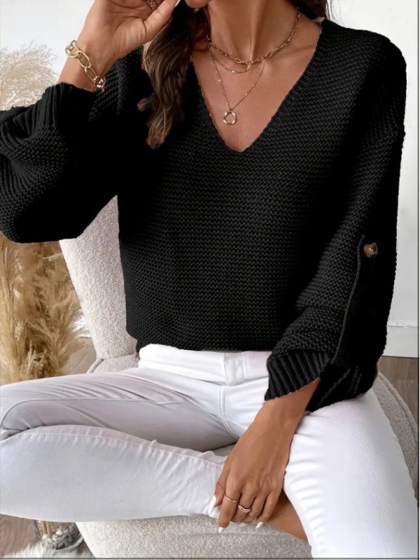 Kadın Uzun Kollu V Yakalı Düğmeli Triko Bluz , 29141