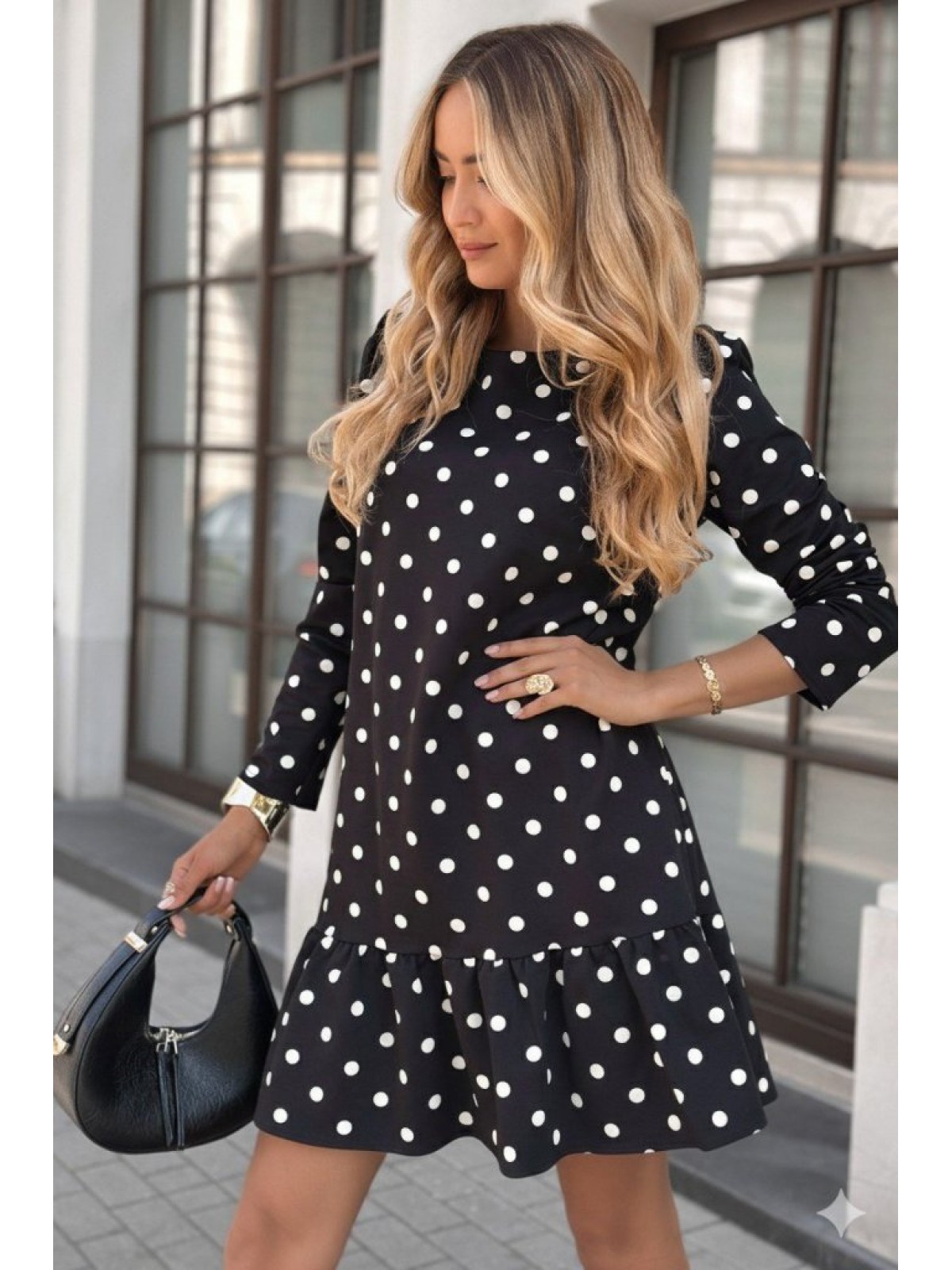 Kadın Uzun Kollu Bisiklet Yaka Fırfırlı Puantiyeli Kısa Modal Elbise, 28791