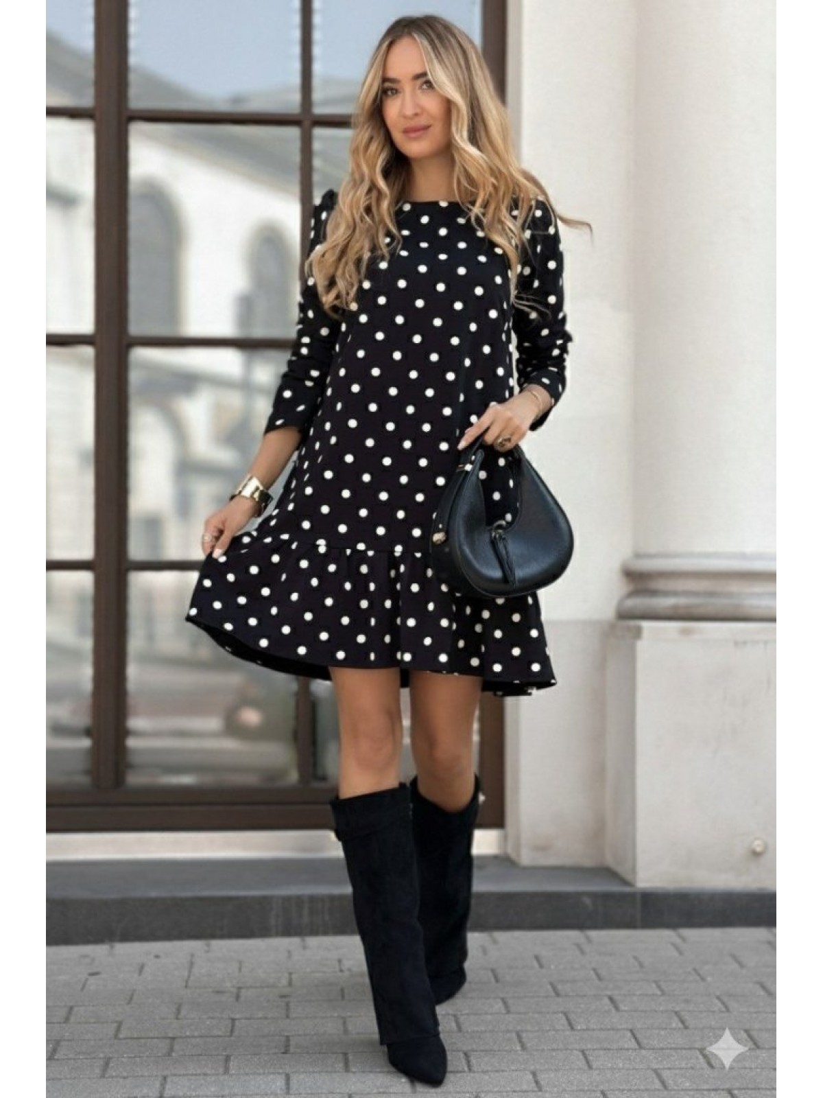 Kadın Uzun Kollu Bisiklet Yaka Fırfırlı Puantiyeli Kısa Modal Elbise, 28791