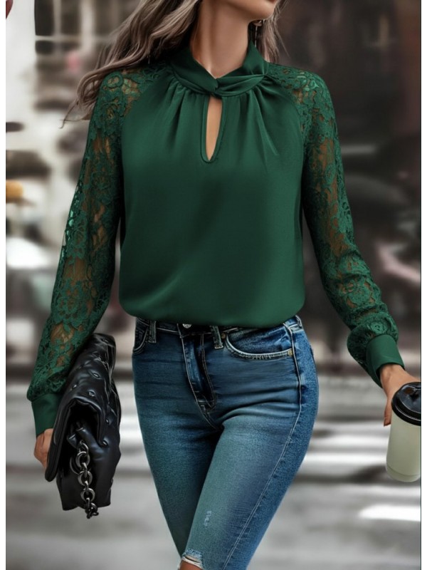 Kadın Uzun Kollu Yaka Düğme Detay Güpürlü Kol Krep Bluz, 29312