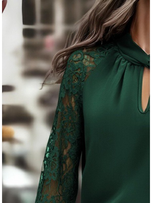 Kadın Uzun Kollu Yaka Düğme Detay Güpürlü Kol Krep Bluz, 29312