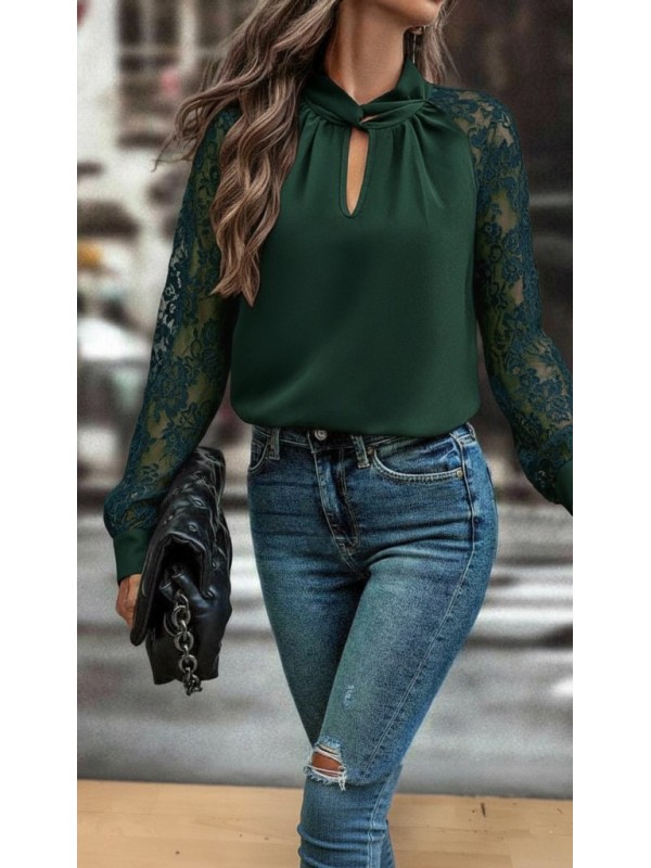 Kadın Uzun Kollu Göğüs Pencere Detay Yaka Boğazlı Kolları Tüllü Sandy Bluz, 29254