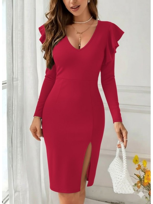 Kadın Uzun Kollu V Yakalı Yandan Yırtmaçlı Midi Ithal Krep Elbise, 28745