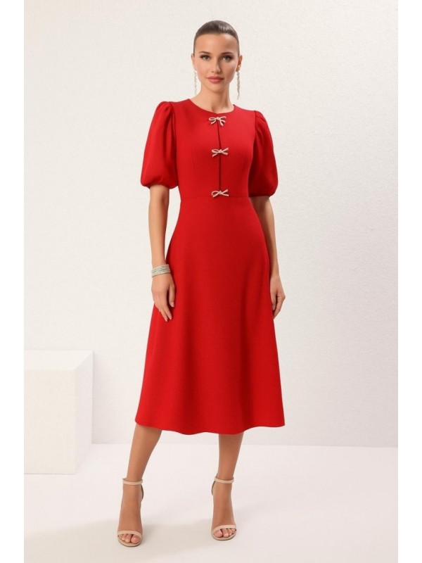 Kadın Kısa Kollu Damla Fiyonk Detaylı Kiloş Ithal Krep Midi Elbise, 27015