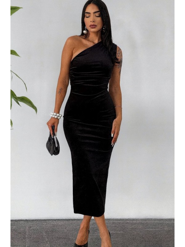 Kadın Tek Omuz Dekolte Detay Uzun Kadife Elbise, 27235