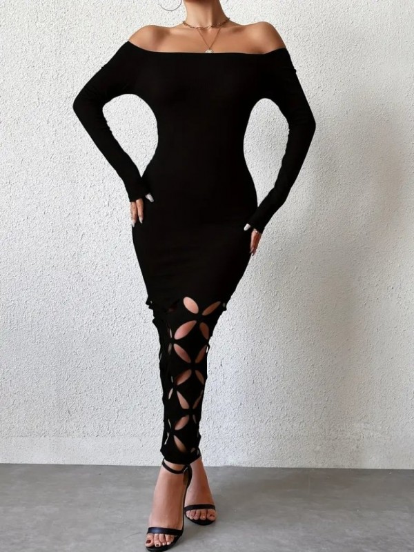 Kadın Madonna Yaka Uzun Kollu Lazer çiçek Kesim Detaylı Uzun Ithal Krep Elbise , 29293