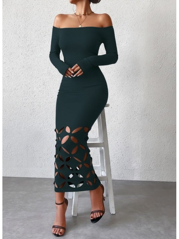 Kadın Madonna Yaka Uzun Kollu Lazer çiçek Kesim Detaylı Uzun Ithal Krep Elbise, 29294