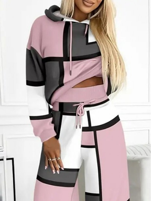 Kadın Uzun Kollu Kapşonlu Bağcıklı Desenli Iki Iplik Bluz Ve Pantolon Ikili Takım , 29276