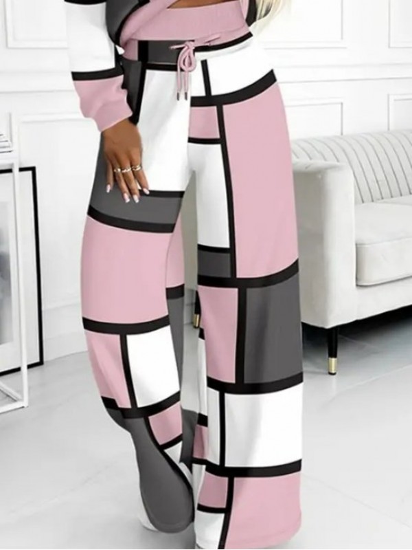 Kadın Uzun Kollu Kapşonlu Bağcıklı Desenli Iki Iplik Bluz Ve Pantolon Ikili Takım , 29276