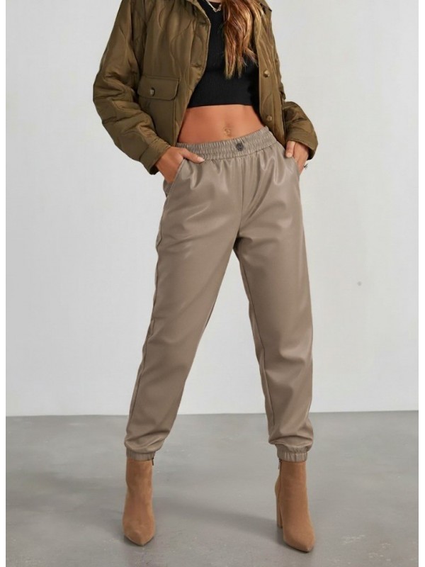 Kadın Yüksek Bel Lastikli önü Düğmeli Deri Pantolon , 29404