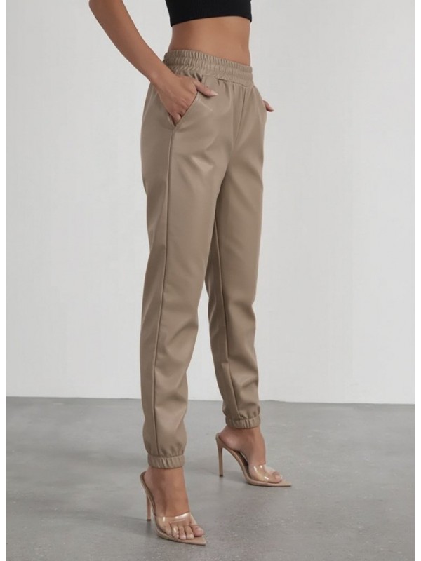 Kadın Yüksek Bel Lastikli önü Düğmeli Deri Pantolon , 29404