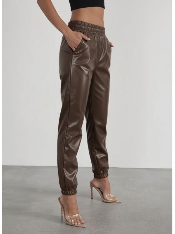 Kadın Yüksek Bel Lastikli önü Düğmeli Deri Pantolon , 29405